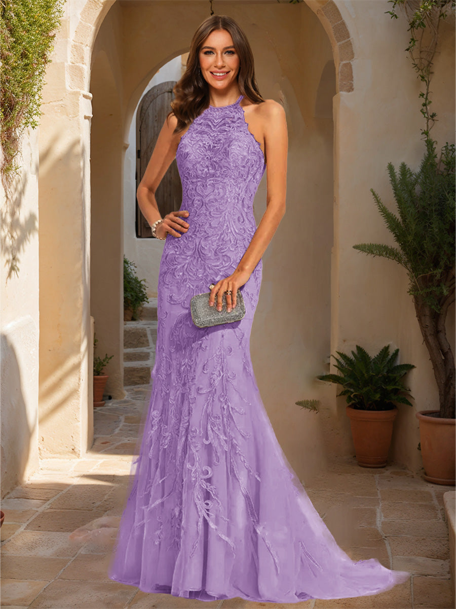 Trumpet/Mermaid Halter Sleeveless Applique Prom Dresses