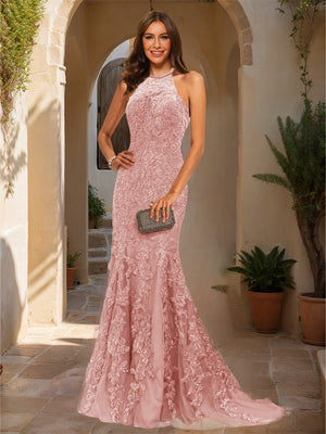 Trumpet/Mermaid Halter Sleeveless Applique Prom Dresses