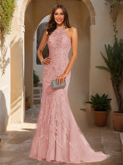 Trumpet/Mermaid Halter Sleeveless Applique Prom Dresses