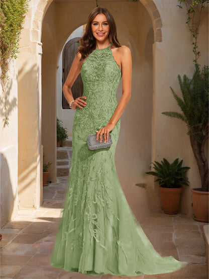 Trumpet/Mermaid Halter Sleeveless Applique Prom Dresses