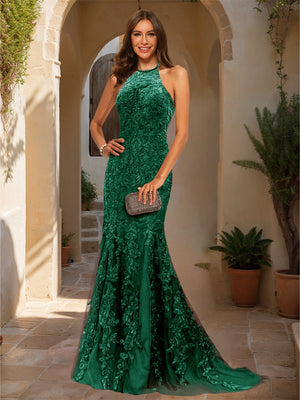 Trumpet/Mermaid Halter Sleeveless Applique Prom Dresses