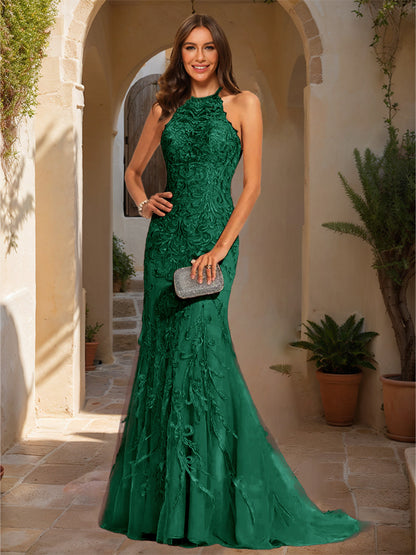 Trumpet/Mermaid Halter Sleeveless Applique Prom Dresses