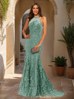 Trumpet/Mermaid Halter Sleeveless Applique Prom Dresses