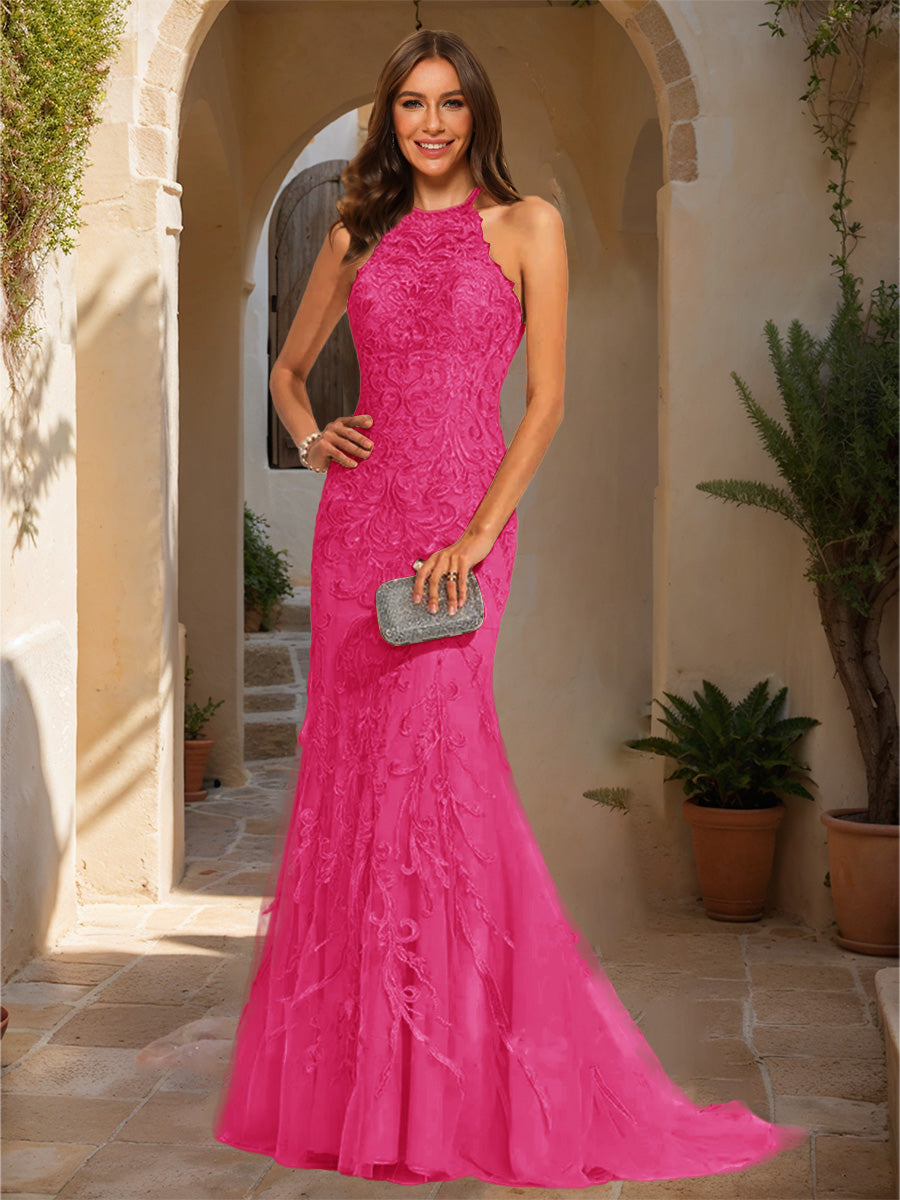 Trumpet/Mermaid Halter Sleeveless Applique Prom Dresses