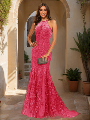 Trumpet/Mermaid Halter Sleeveless Applique Prom Dresses