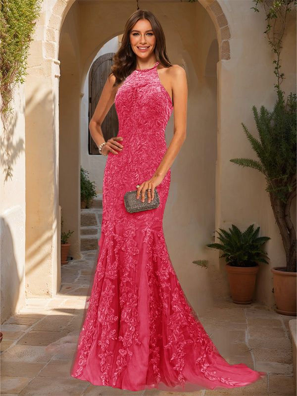 Trumpet/Mermaid Halter Sleeveless Applique Prom Dresses