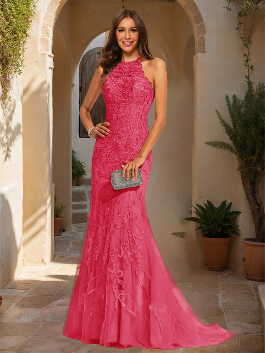 Trumpet/Mermaid Halter Sleeveless Applique Prom Dresses