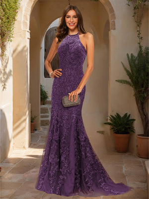 Trumpet/Mermaid Halter Sleeveless Applique Prom Dresses