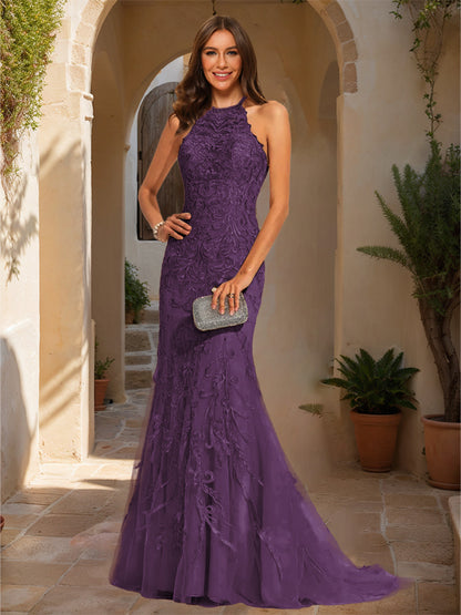 Trumpet/Mermaid Halter Sleeveless Applique Prom Dresses