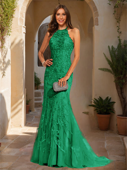 Trumpet/Mermaid Halter Sleeveless Applique Prom Dresses