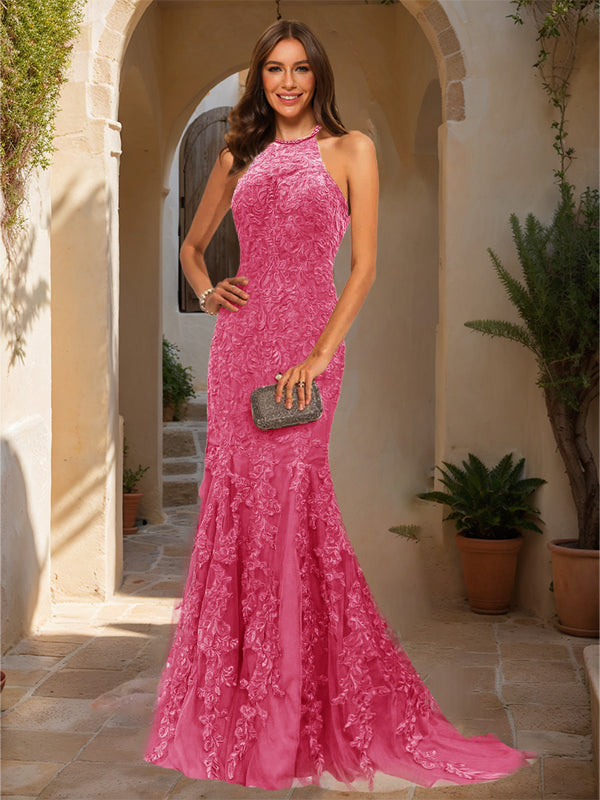 Trumpet/Mermaid Halter Sleeveless Applique Prom Dresses