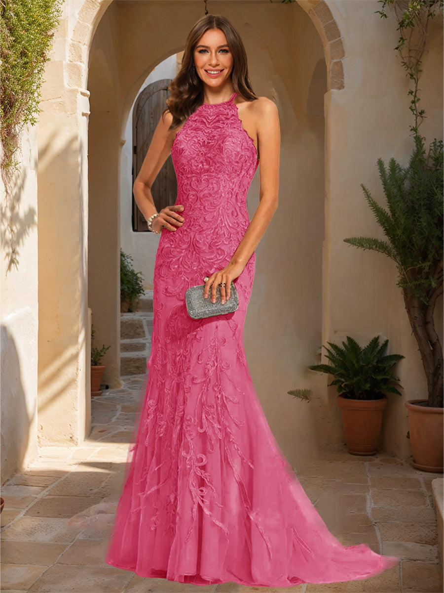 Trumpet/Mermaid Halter Sleeveless Applique Prom Dresses