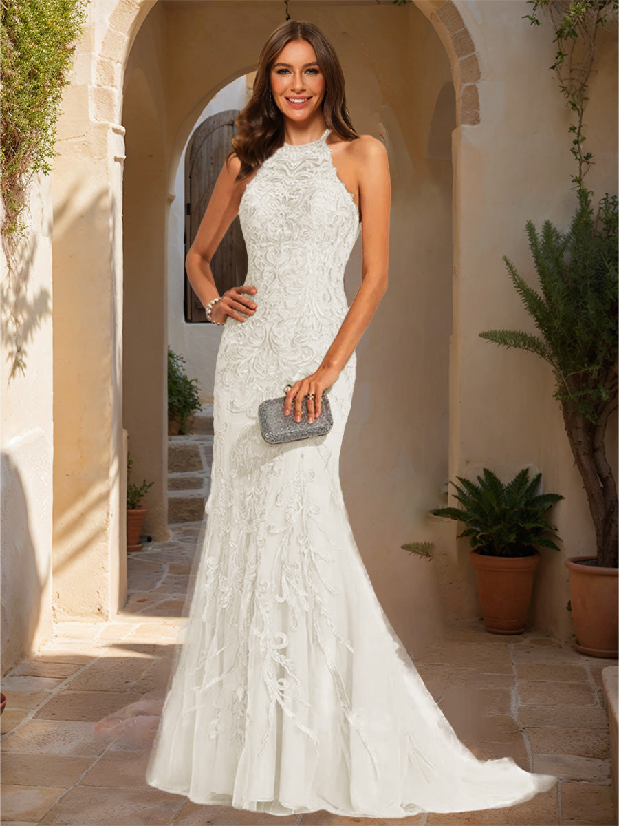 Trumpet/Mermaid Halter Sleeveless Applique Prom Dresses