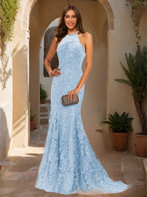 Trumpet/Mermaid Halter Sleeveless Applique Prom Dresses