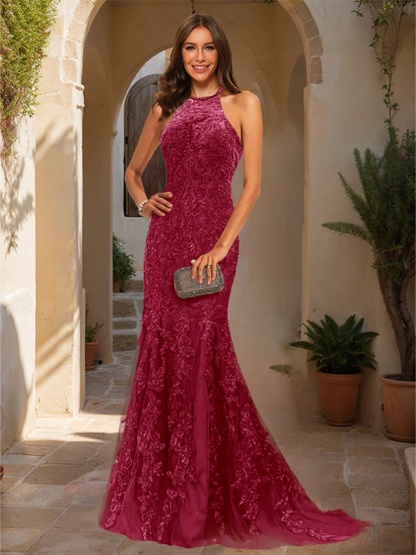 Trumpet/Mermaid Halter Sleeveless Applique Prom Dresses