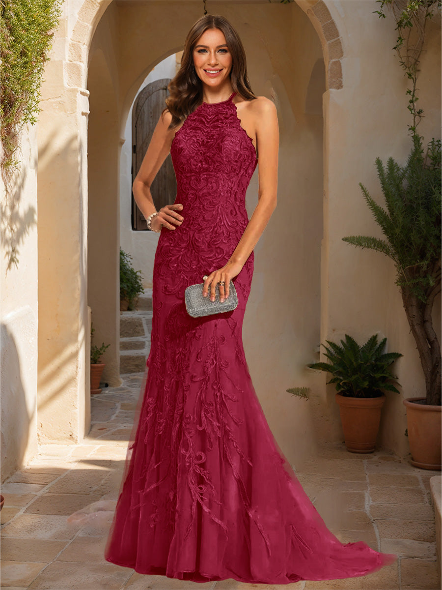 Trumpet/Mermaid Halter Sleeveless Applique Prom Dresses