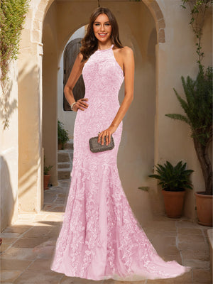 Trumpet/Mermaid Halter Sleeveless Applique Prom Dresses