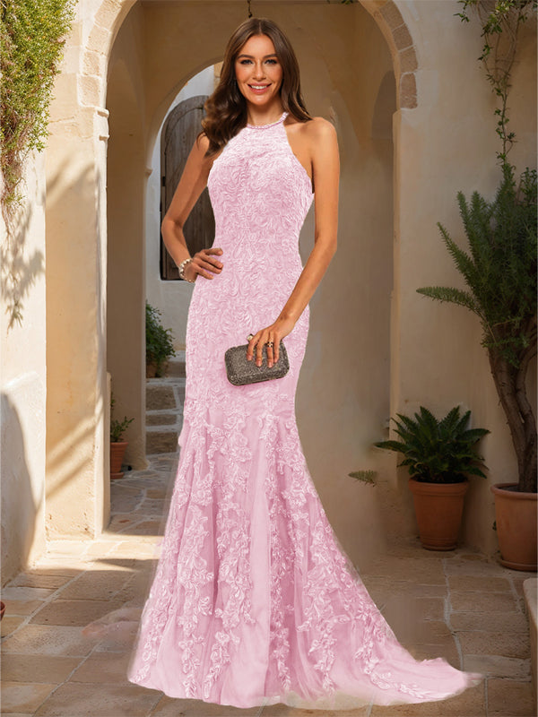 Trumpet/Mermaid Halter Sleeveless Applique Prom Dresses