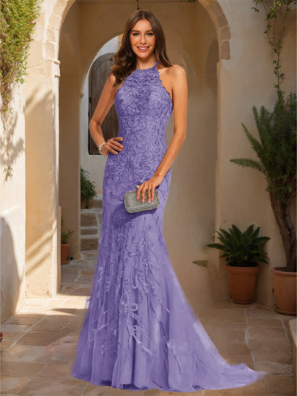 Trumpet/Mermaid Halter Sleeveless Applique Prom Dresses