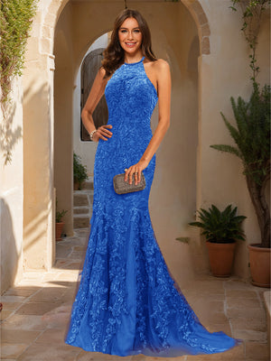 Trumpet/Mermaid Halter Sleeveless Applique Prom Dresses