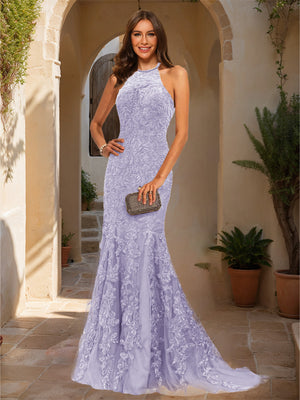 Trumpet/Mermaid Halter Sleeveless Applique Prom Dresses