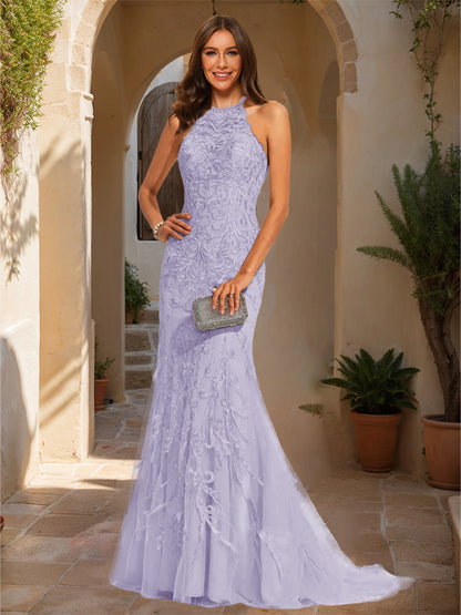 Trumpet/Mermaid Halter Sleeveless Applique Prom Dresses