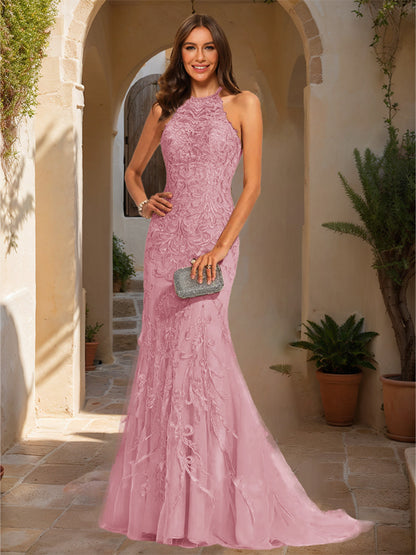 Trumpet/Mermaid Halter Sleeveless Applique Prom Dresses