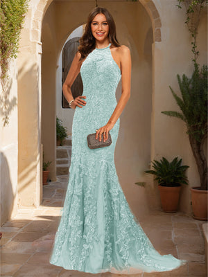Trumpet/Mermaid Halter Sleeveless Applique Prom Dresses