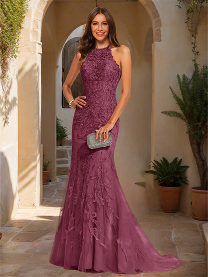 Trumpet/Mermaid Halter Sleeveless Applique Prom Dresses