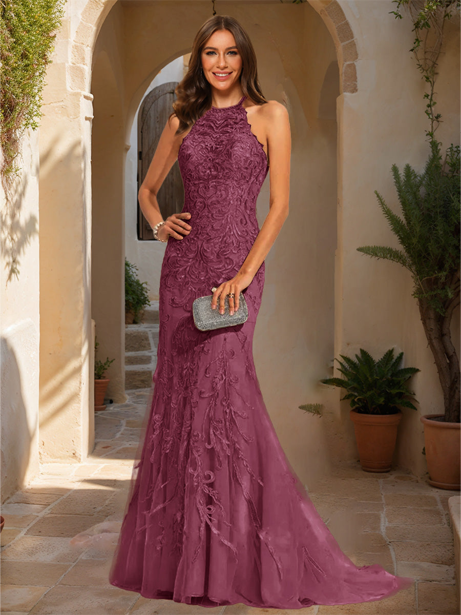 Trumpet/Mermaid Halter Sleeveless Applique Prom Dresses