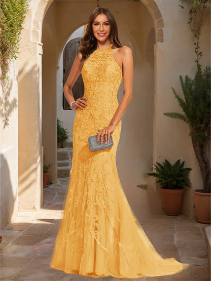 Trumpet/Mermaid Halter Sleeveless Applique Prom Dresses