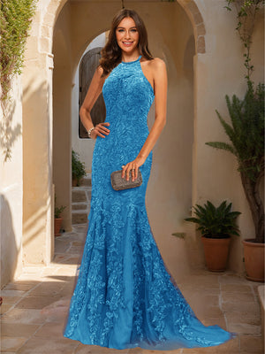 Trumpet/Mermaid Halter Sleeveless Applique Prom Dresses