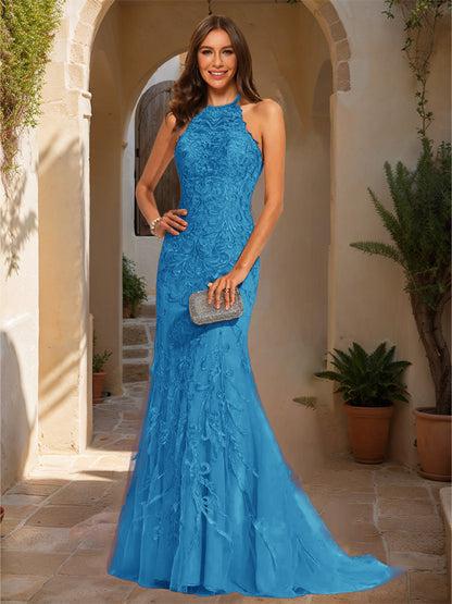 Trumpet/Mermaid Halter Sleeveless Applique Prom Dresses