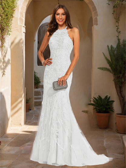 Trumpet/Mermaid Halter Sleeveless Applique Prom Dresses