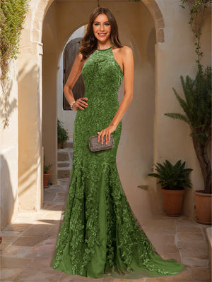 Trumpet/Mermaid Halter Sleeveless Applique Prom Dresses