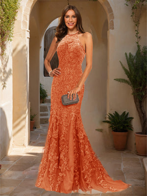 Trumpet/Mermaid Halter Sleeveless Applique Prom Dresses