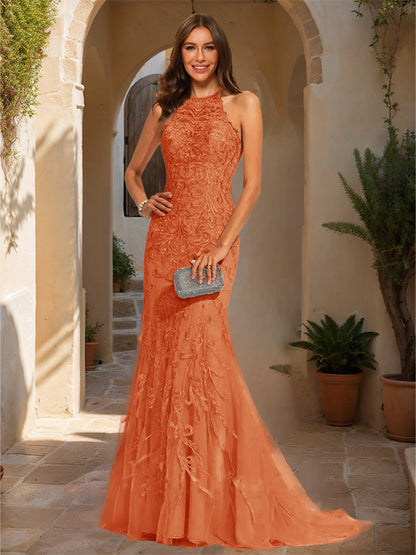 Trumpet/Mermaid Halter Sleeveless Applique Prom Dresses