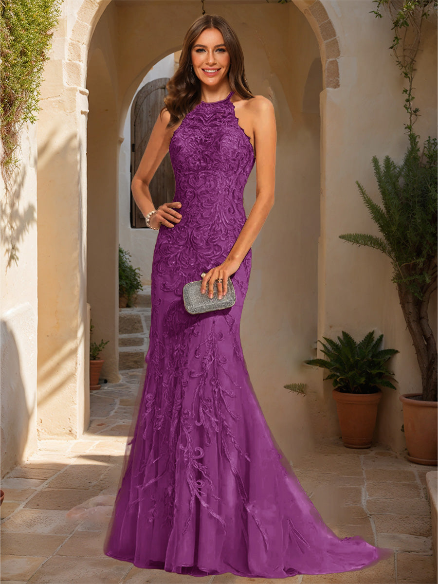 Trumpet/Mermaid Halter Sleeveless Applique Prom Dresses