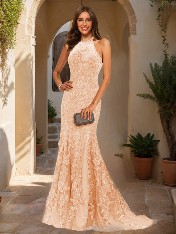 Trumpet/Mermaid Halter Sleeveless Applique Prom Dresses