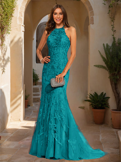 Trumpet/Mermaid Halter Sleeveless Applique Prom Dresses