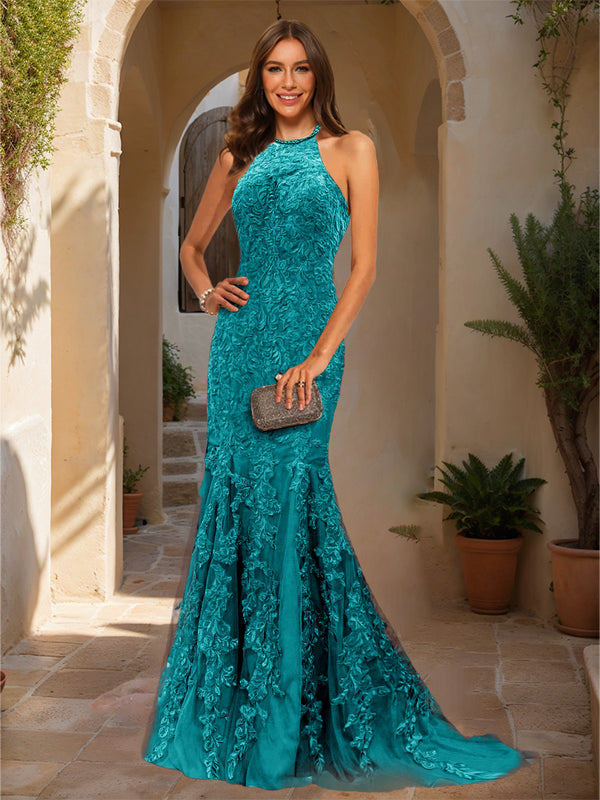 Trumpet/Mermaid Halter Sleeveless Applique Prom Dresses