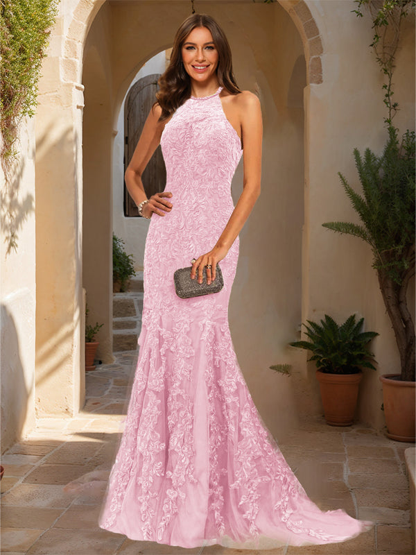 Trumpet/Mermaid Halter Sleeveless Applique Prom Dresses