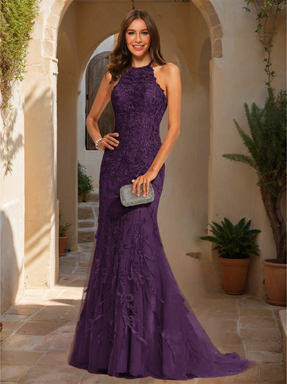 Trumpet/Mermaid Halter Sleeveless Applique Prom Dresses