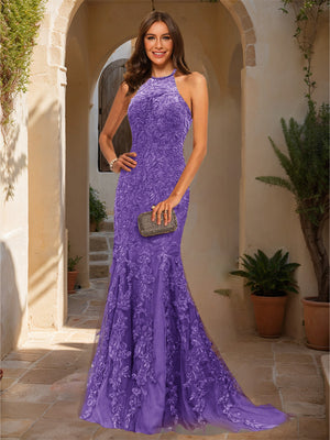 Trumpet/Mermaid Halter Sleeveless Applique Prom Dresses