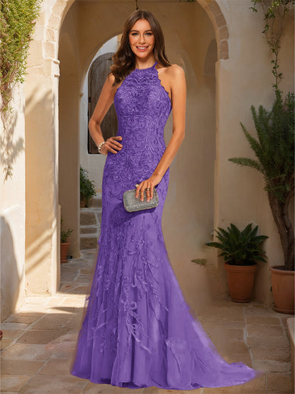 Trumpet/Mermaid Halter Sleeveless Applique Prom Dresses