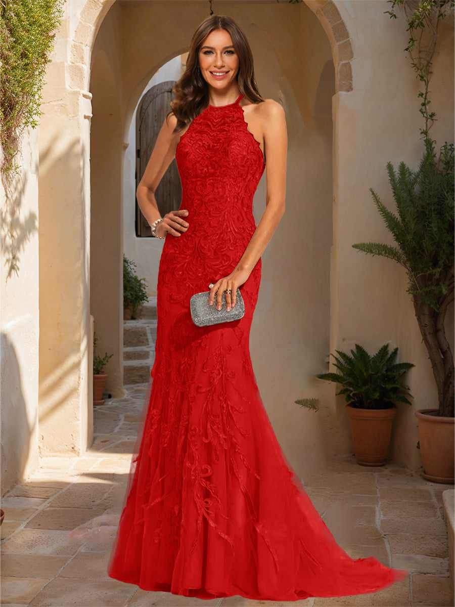 Trumpet/Mermaid Halter Sleeveless Applique Prom Dresses