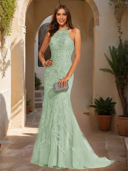 Trumpet/Mermaid Halter Sleeveless Applique Prom Dresses