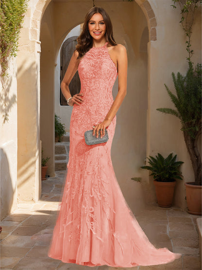 Trumpet/Mermaid Halter Sleeveless Applique Prom Dresses