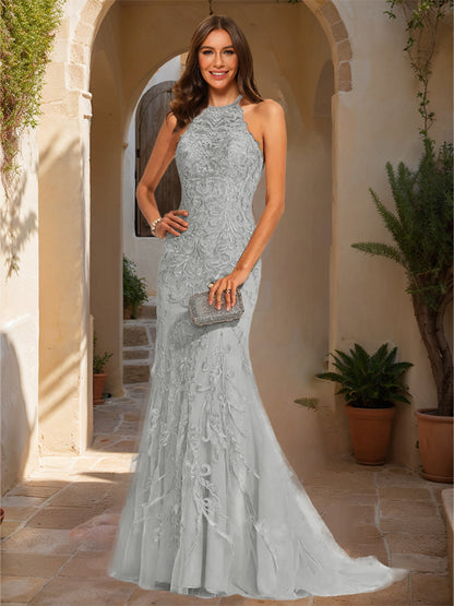 Trumpet/Mermaid Halter Sleeveless Applique Prom Dresses