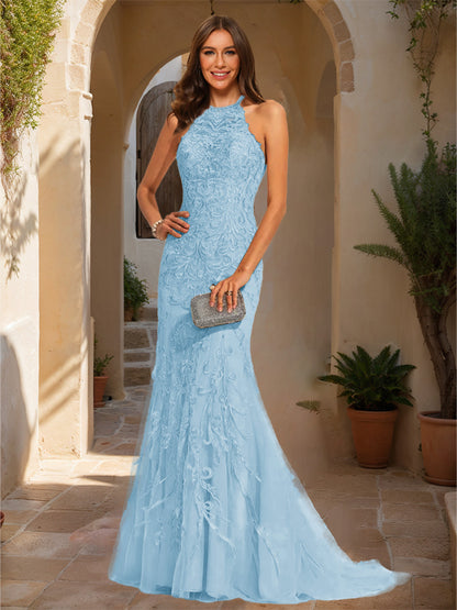 Trumpet/Mermaid Halter Sleeveless Applique Prom Dresses